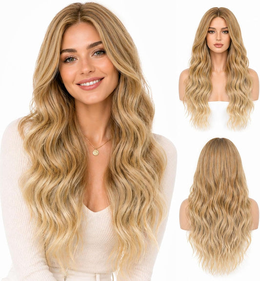 27-Inch Long Blonde Curly Wig for Women, Natural-Looking Wavy Synthetic Hair, Full-Length Wig for Costumes, Cosplay and Special Occasions