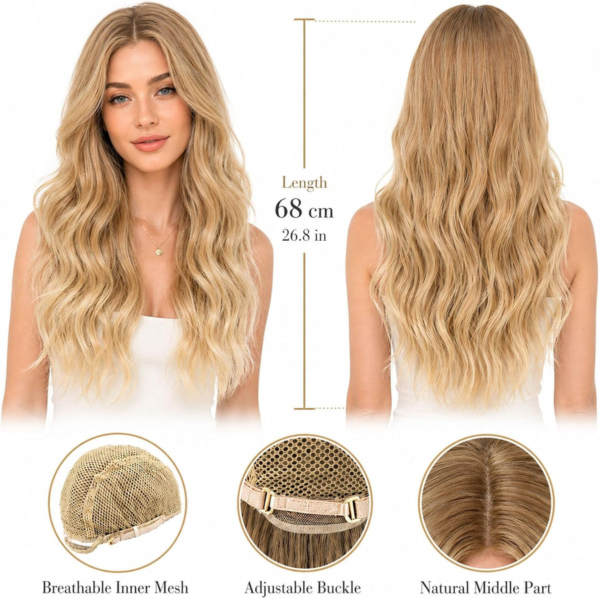 27-Inch Long Blonde Curly Wig for Women, Natural-Looking Wavy Synthetic Hair, Full-Length Wig for Costumes, Cosplay and Special Occasions